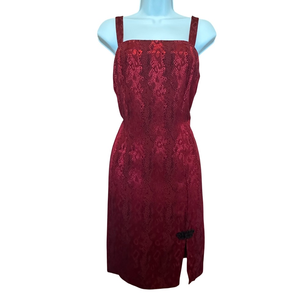 Vintage Y2K Red Snake Print Bodycon Midi Dress Square Neck Made USA 7/8 Grunge